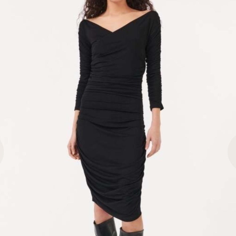 Black Ruched Midi Dress with V-Neckline